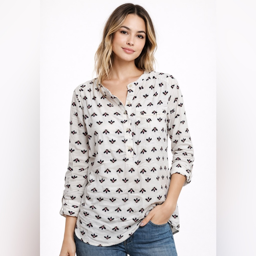 LOFT Womens Petite White Floral Print‎ Band Collar Tunic Shirt Top XSP